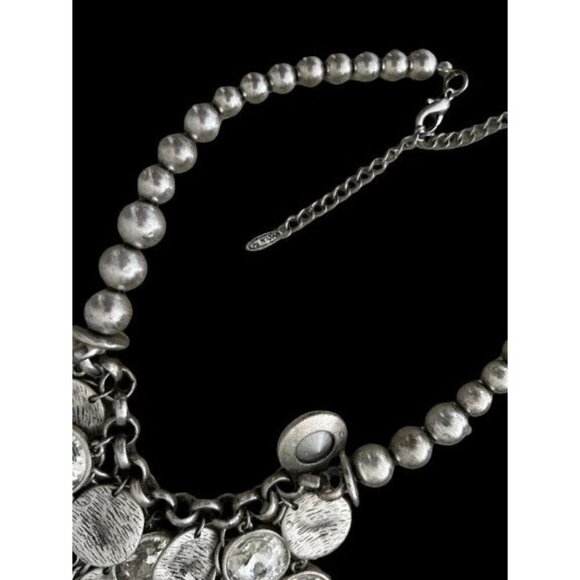 Vintage VCLM Necklace Silver Tone Crystals & Hammered Disks 14" Drop - Picture 5 of 9